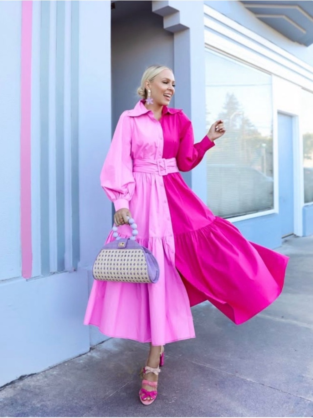 Christopher John Rogers Two Tone Pink Belted Maxi Shirt Dress Size 6 NWOT